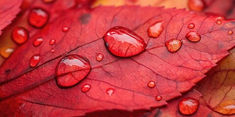 Fototapeta premium Close-up of red leaf with water droplets. AI generated illustration