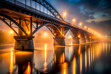 Naklejka premium A bridge with lights shining on it at night. The lights are reflected in the water below