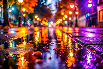 A blurry image of a city street with a reflection of a tree in the water. The street is lit up with colorful lights, creating a vibrant and lively atmosphere
