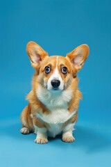 A small brown and white dog with big ears is sitting on a blue surface. The dog has a sad expression on its face