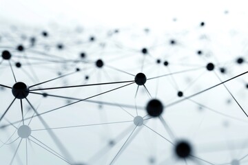 A close up of a bunch of black spheres connected by lines. Concept of complexity and interconnectedness, as the spheres are linked together in a web-like pattern