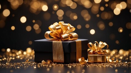 Black and gold stage with presents and confetti.