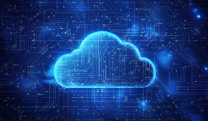 Fototapeta premium Digital cloud symbol on a blue background representing data storage and online technology in a futuristic circuit design. Illustrates concept of cloud computing and information technology