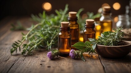 Herbal ingredients and essential oils on rustic table.
