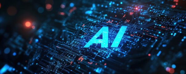 Obraz premium Digital illustration of AI concept with glowing blue logo surrounded by complex circuitry patterns on dark background