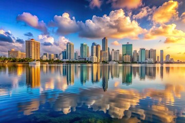 Obraz premium The stock photo features a stunning view of the Miami skyline seen from Burlingame Island with vibrant colors and leading lines of the cityscape reflected on the calm waters of the bay