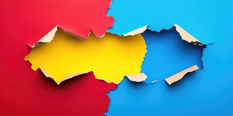 Obraz premium Colorful torn paper holes in blue, yellow, and red with ample copy space for creative designs. AI generated illustration