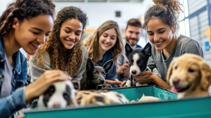 A diverse group of friends volunteering at a local animal shelter, caring for the animals.