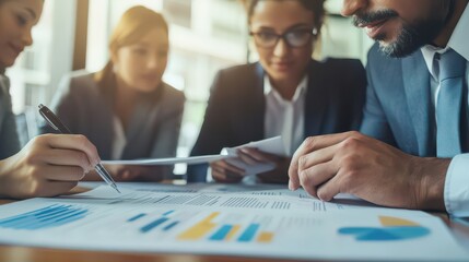Fototapeta premium A close-up of a diverse group of professionals reviewing a document, working together on a corporate project.