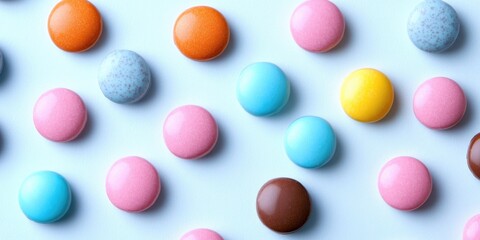 A close up of a bunch of colorful candies. The candies are of different colors and sizes, and they are arranged in a pattern. Concept of fun and playfulness