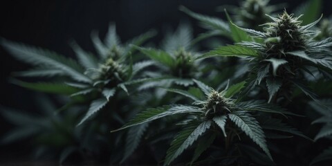 Dark green cannabis leaves in moody lighting.