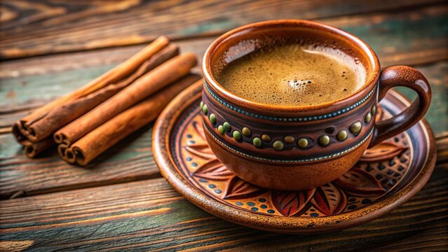 A close up photo of a cup of Mexican pot coffee with a sprinkle of cinnamon and a piece of piloncillo inside creating a warm and aromatic beverage with traditional Mexican flavors