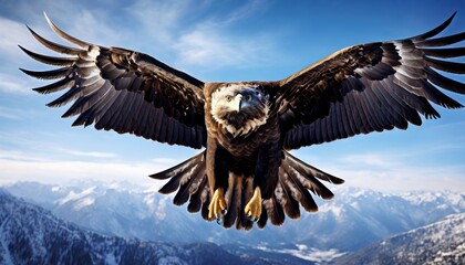 Obraz premium A majestic eagle spreads its wings wide as it soars over a snow-covered mountain range. The clear blue sky and rugged peaks provide a stunning backdrop, highlighting the bird's powerful flight and