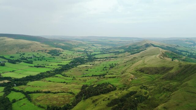 Aerial Drone View of Landscape at Peak District, UK. Bird eye views on the Scenic Landscapes around Mam Tor, Back Tor, Castleton, Peveril Castle, Winnats pass.