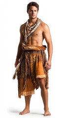 A model is elegantly showcasing the intricate beauty of traditional Australian clothing