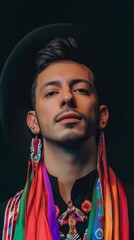 Fototapeta premium A model proudly displays intricate Argentina traditional attire with colorful accessories