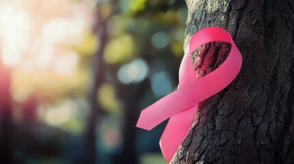 Pink Ribbon Tied Around a Tree Trunk