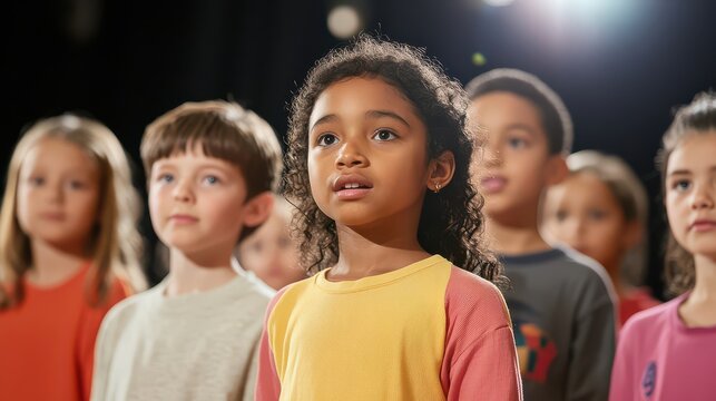 A diverse group of children participating in a community theater program, rehearsing for a play.