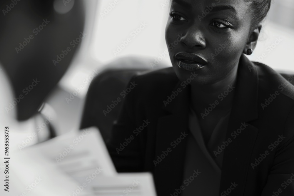 Sticker a woman in a black suit is sitting in front of a man with papers. she is looking at him with a serio