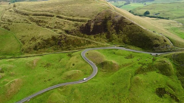 Aerial Drone View of Landscape at Peak District, UK. Bird eye views on the Scenic Landscapes around Mam Tor, Back Tor, Castleton, Peveril Castle, Winnats pass.
