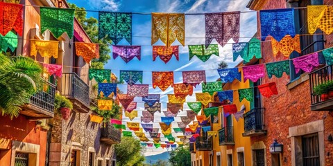 Fototapeta premium Colorful mexican papel picado flags hanging in the streets of San Miguel de Allende, Mexico