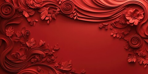Elegant 3D Red Ornamental Floral Swirl Design. AI generated illustration