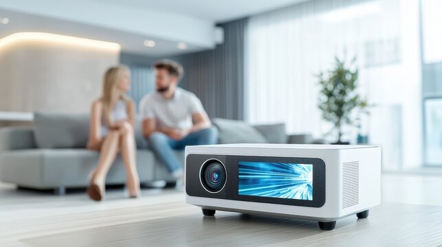 Futuristic Augmented Reality Home Theater Projector Displaying Screen Options in Cozy Entertainment Room