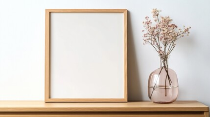 Empty Wooden Frame with Dried Flowers in a Vase on a Wooden Table