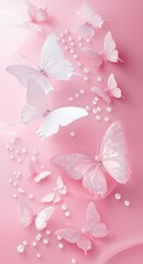 Elegant pink butterflies and white pearls on a soft pink background creating a delicate and serene atmosphere at sunset