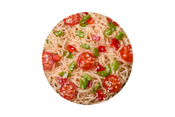 Rice noodles with mushrooms, vegetables, spices and herbs