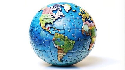 Puzzle globe with interconnected pieces isolated on a white background viewed from a low angle perspective, discovery, critical thinking, low angle, geography, intelligence