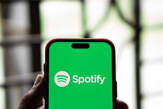 Dhaka, Bangladesh- 08 Sep 2024: Spotify logo is displayed on smartphone.