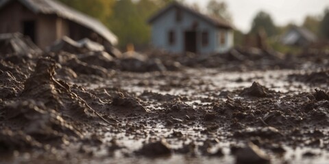 Muddy Aftermath of a Storm in a Damaged Village.