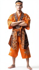 Obraz premium The model stands proudly displaying intricate Taiwanese craftsmanship through his attire