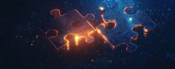Two glowing puzzle pieces slightly overlapping against a dark background, symbolizing teamwork, connection, and synergy in a creative and technological context