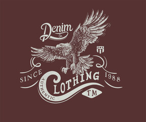 vintage eagle vector art  for clothing, eagle graphic print design, denim brand typography, eagle flying hand drawn vector 