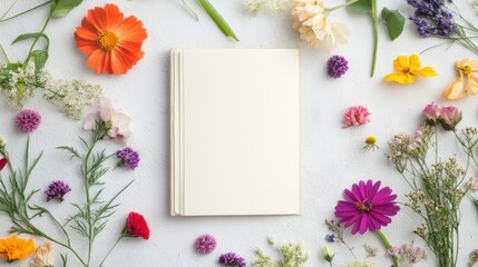 A blank book surrounded by colorful flowers, perfect for creative inspiration and nature-themed projects.