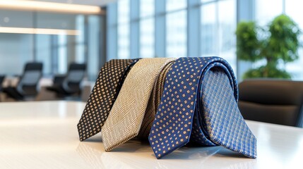 Elegant Men's Tie Selection in Augmented Reality: High-Quality Fabrics, Knot Varieties, and Color Range in Luxury Office Setting
