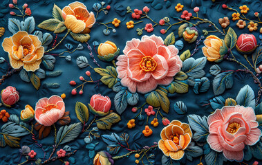 Vibrant floral embroidery pattern with detailed stitches. Generative ai