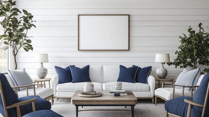 Coastal Living Room with White Sofa and Blue Pillows