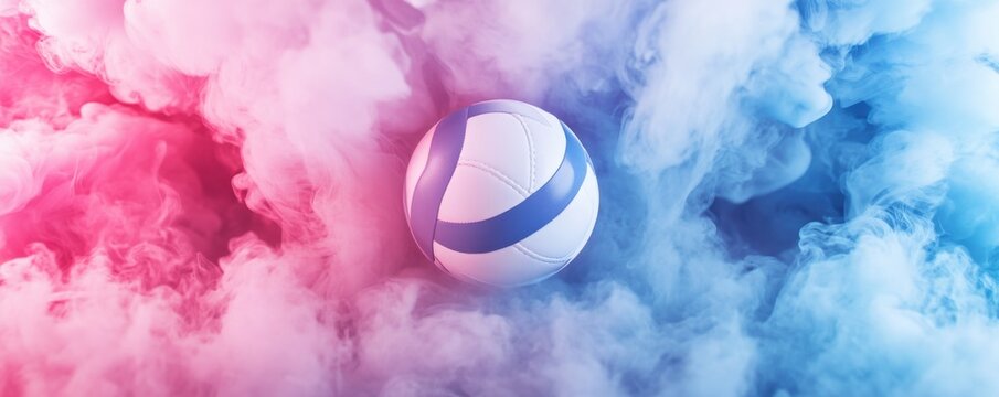 Elegant white volleyball centered in vibrant pink and blue smoke, capturing motion and energy in a dynamic sports concept