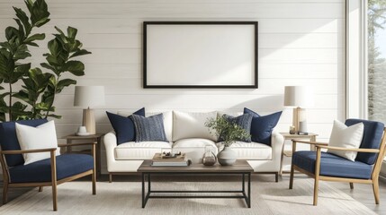 Fototapeta premium Modern Living Room with White Sofa and Blue Accents