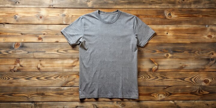 Mockup of blank gray tshirt on rustic wood background for apparel design