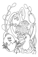 Funny Easter coloring page with chicken, bunny, duckling, egg and tulip, willow branches. Hand drawn vector illustration
