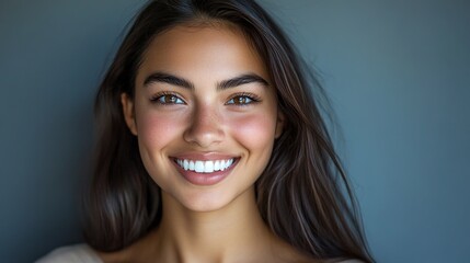 Close up face of young woman with beautiful smile isolated on grey wall with copy space. Successful multiethnic girl. Latin woman looking at camera against gray wall .generative ai