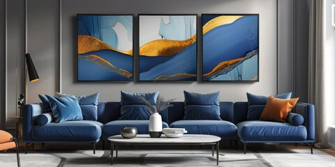 Geometric triptych wall art with blue and gold abstract design for modern decor. AI generated...