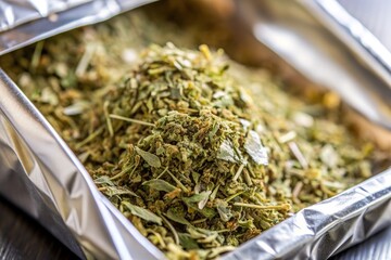 Dried catnip in a foil package reflecting light Close Up, package, leaves, medicinal, dried, cat toy, light reflection, aromatic, foil package, reflective, shiny, herbal