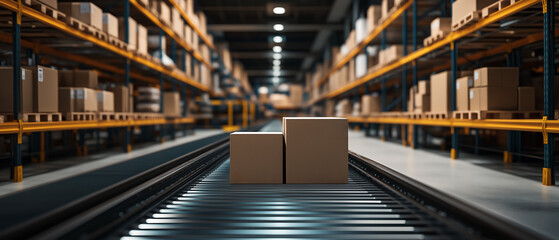 Obraz premium Automated warehouse scene featuring a conveyor belt transporting cardboard boxes