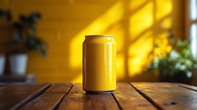 mock up minimalist yellow soda can 330ml, on wooden table in pastel color background isolation