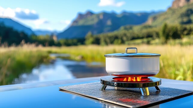 Futuristic Portable Camping Stove with Augmented Reality Features in Scenic Campsite Setting
